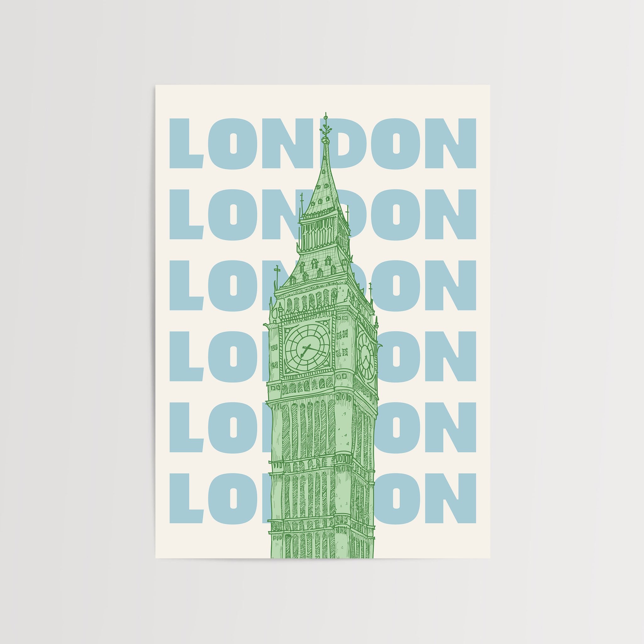 Big Ben art print with green and blue design