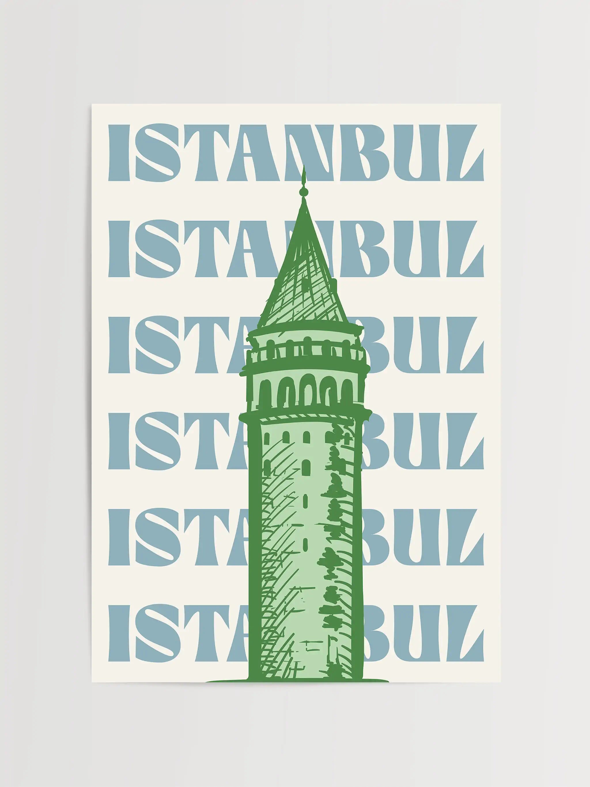 Artistic print featuring the Galata Tower and bold Istanbul text in a contemporary style
