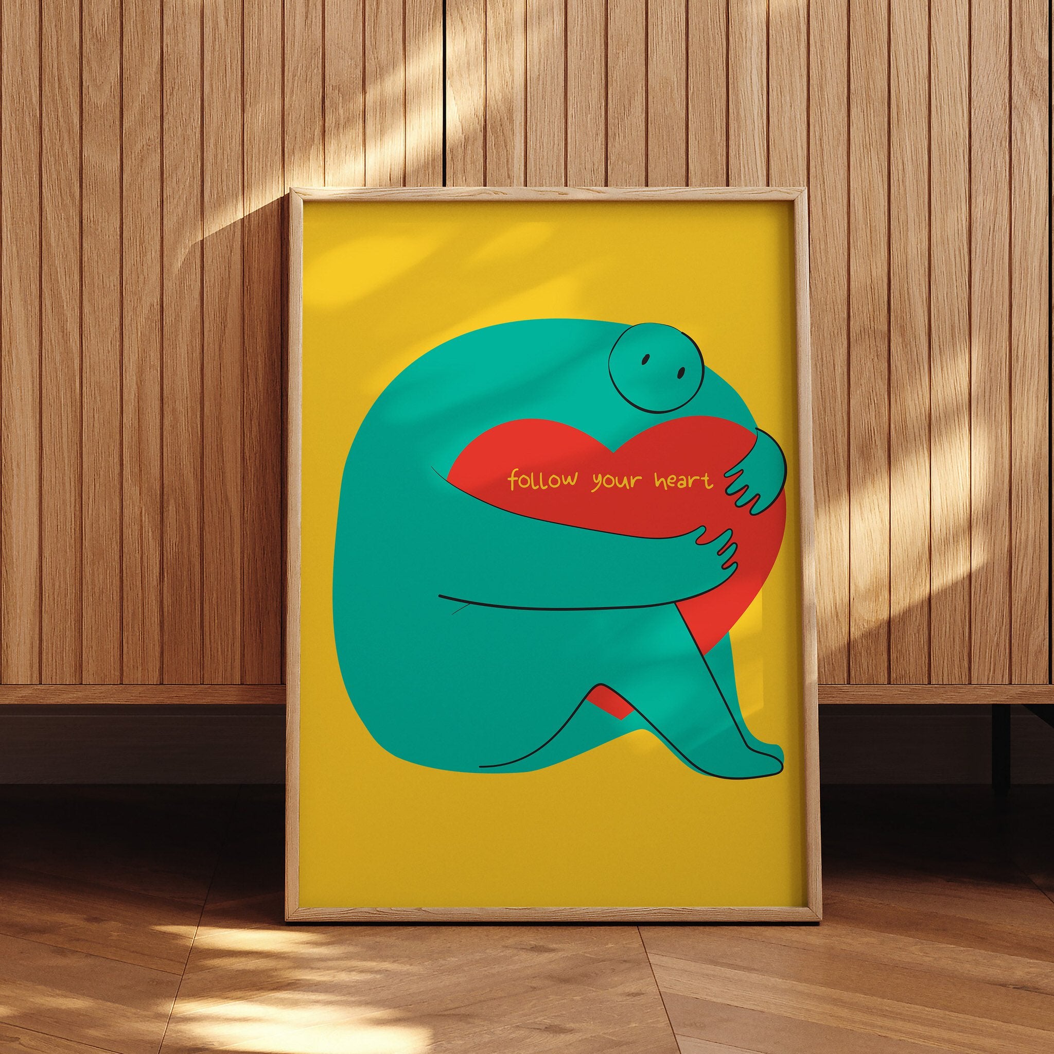 Whimsical Follow Your Heart poster for bedroom or dorm decor with a positive message.
