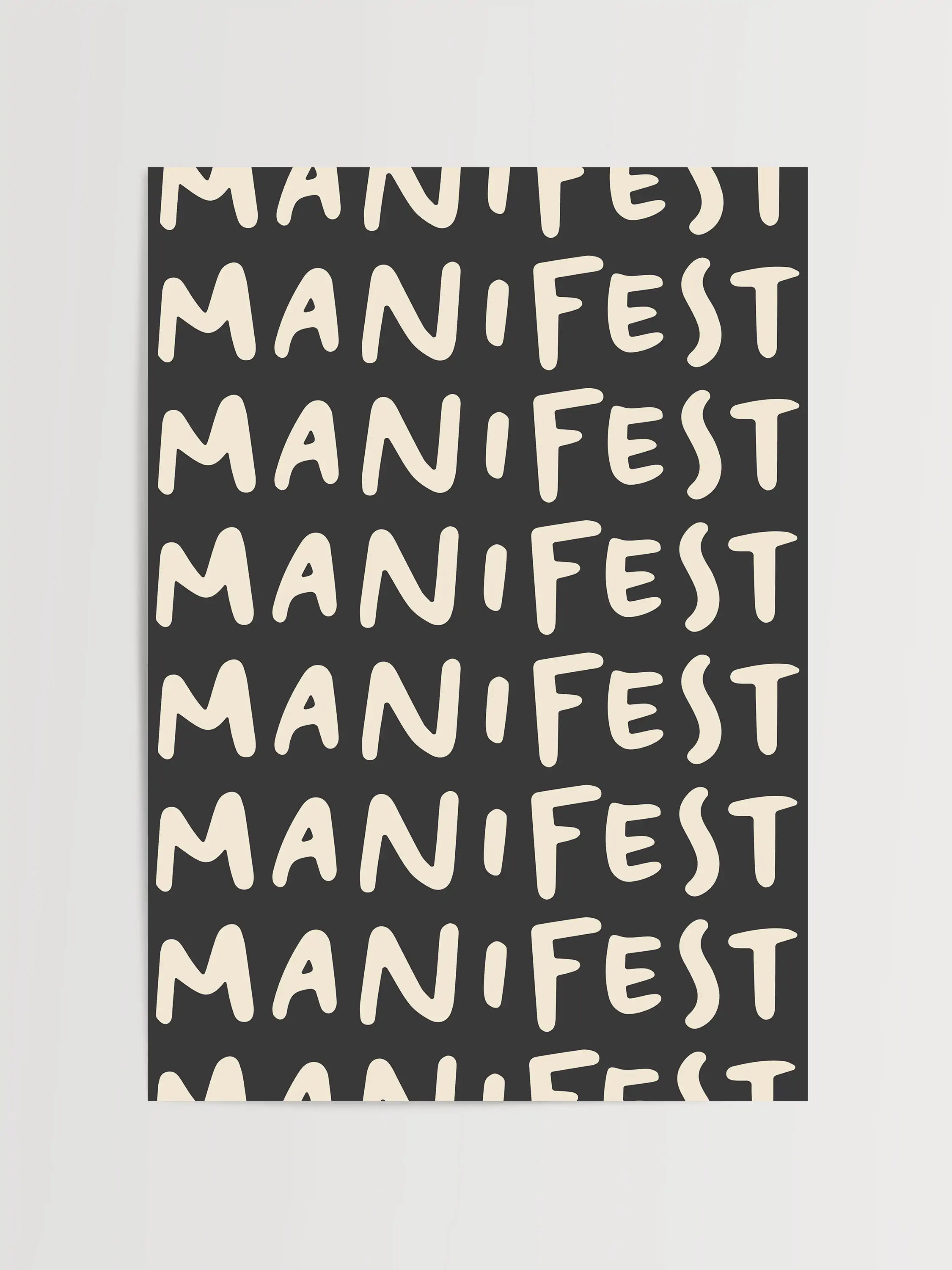 Repeated "Manifest" typography in cream letters on a black background.