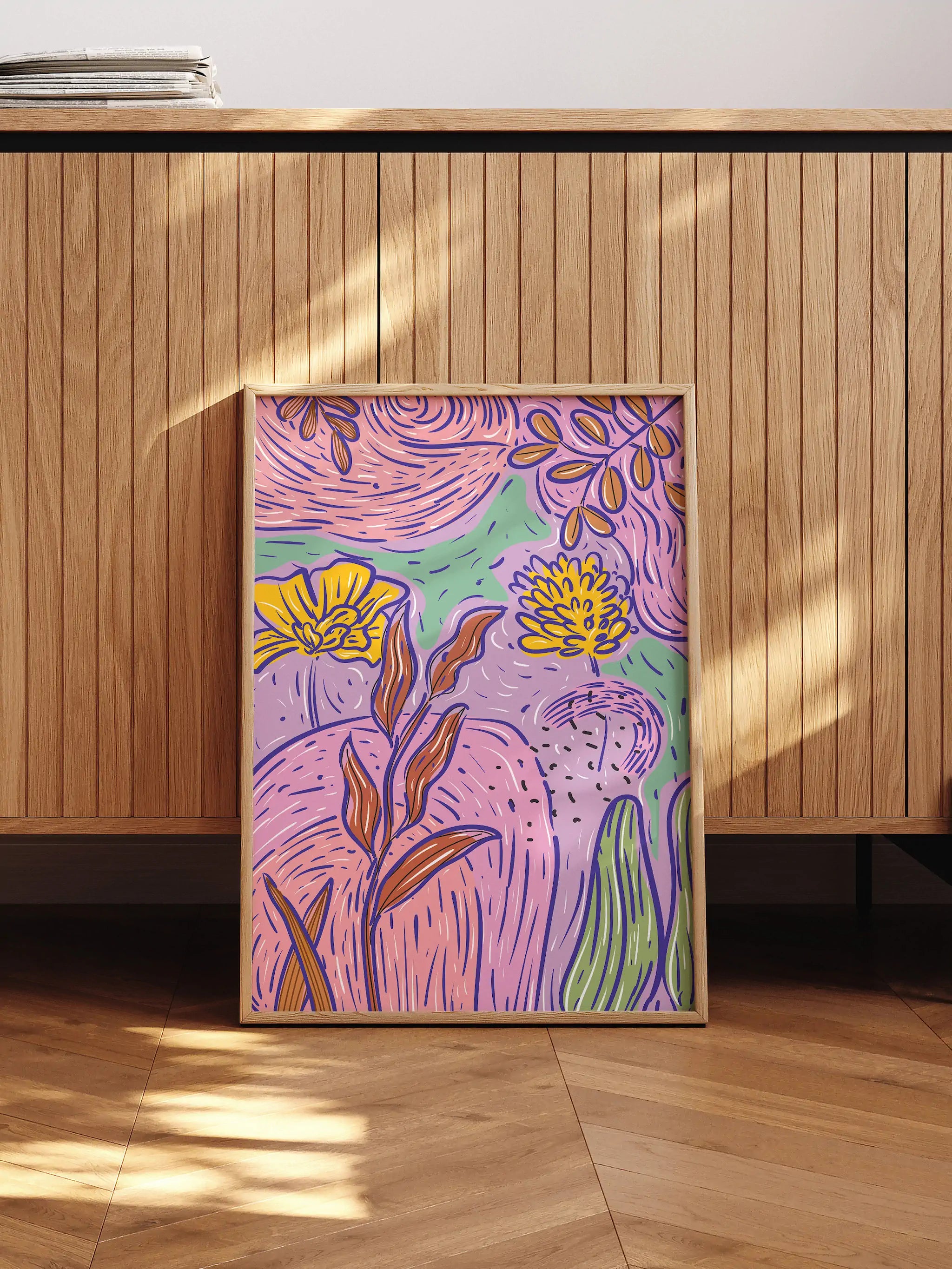 Artistic botanical wall print featuring swirling textures and vibrant colors