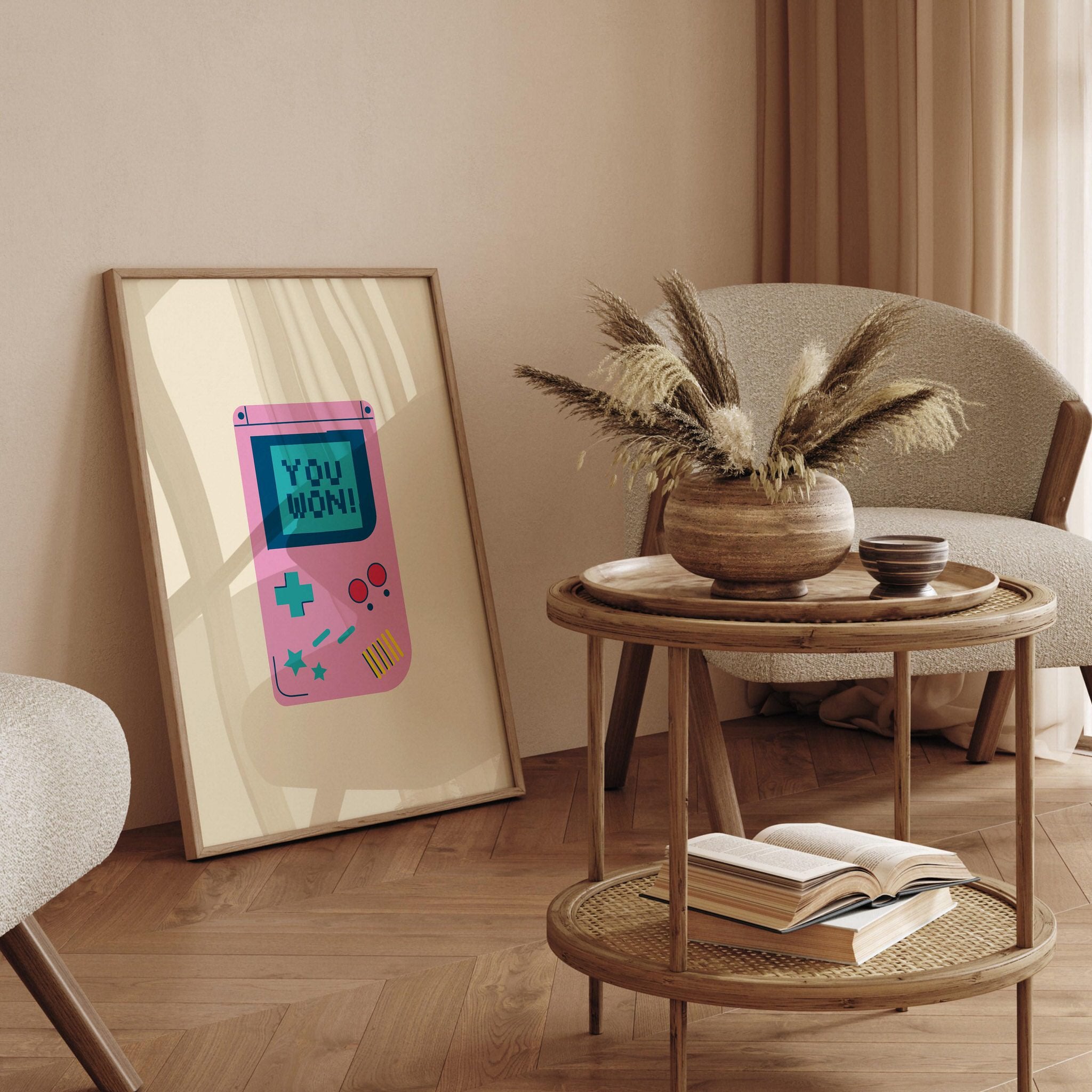 Nostalgic pink handheld console art print for game room or gamer decor.