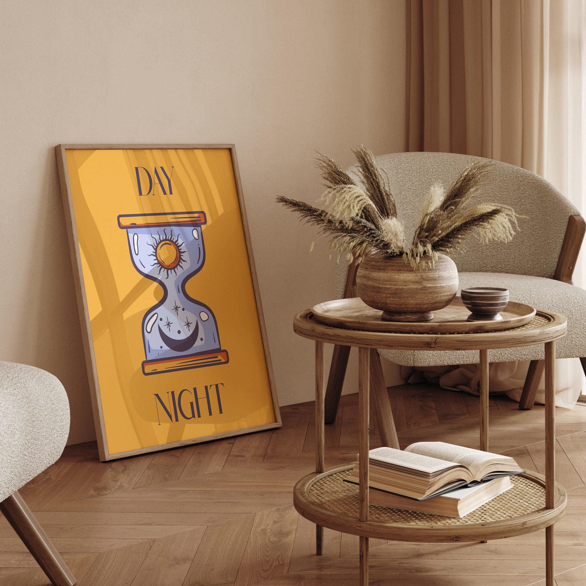 Printed hourglass poster with Day and Night theme for living room or office.